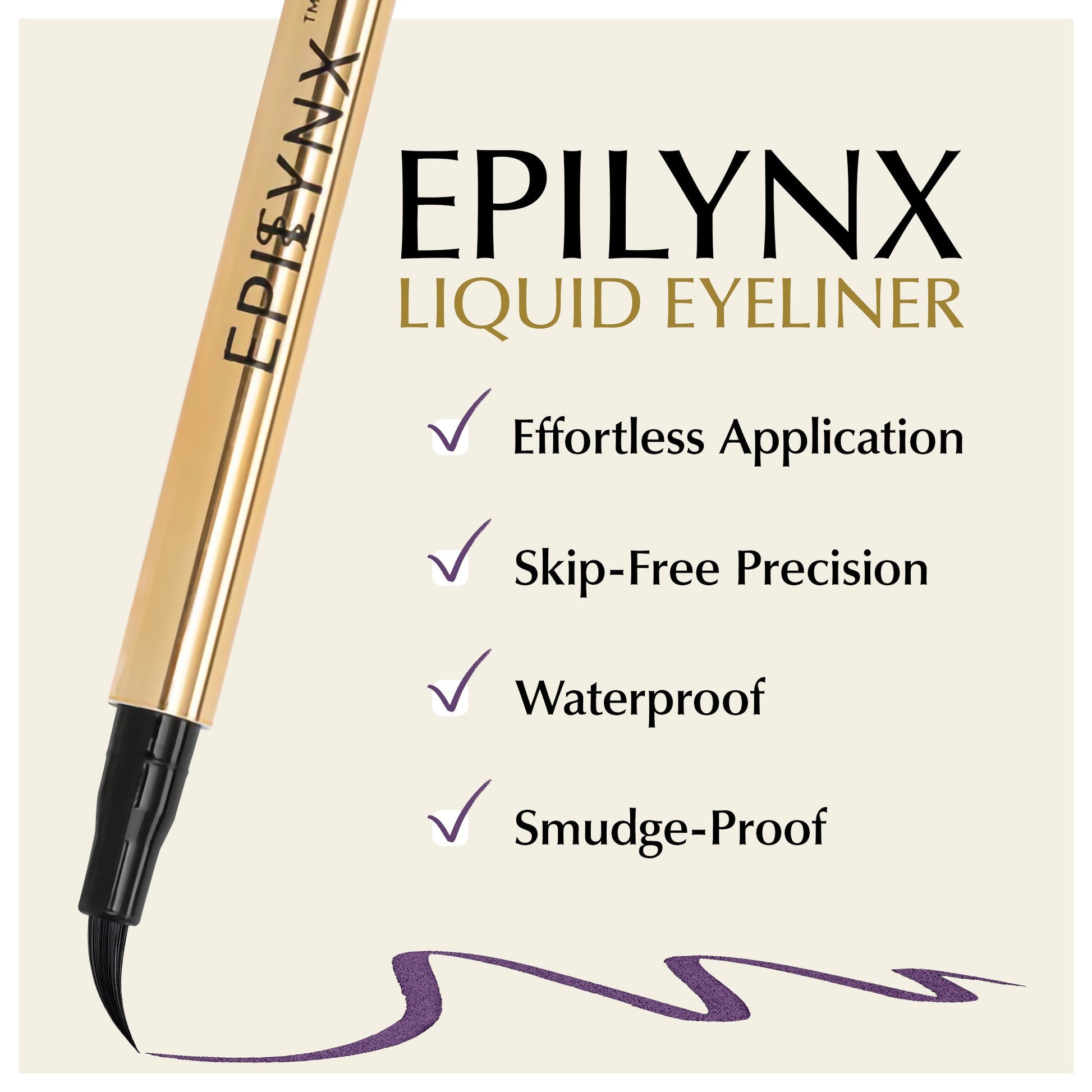 Liquid eyeliner pen with matte dark purple tip and purple ink stroke, precision