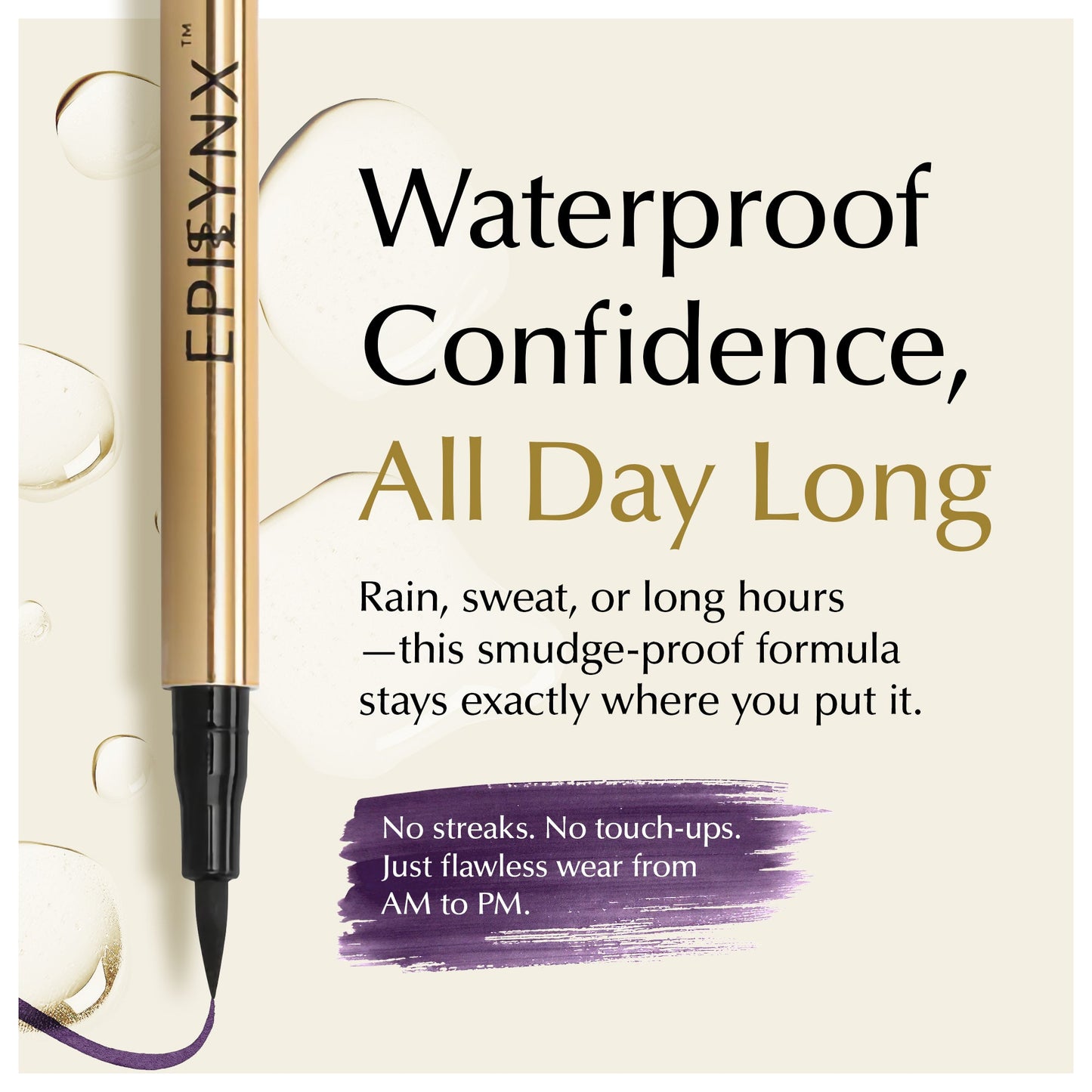 Gold liquid eyeliner pen with purple smudge-proof swatch and waterproof all-day text
