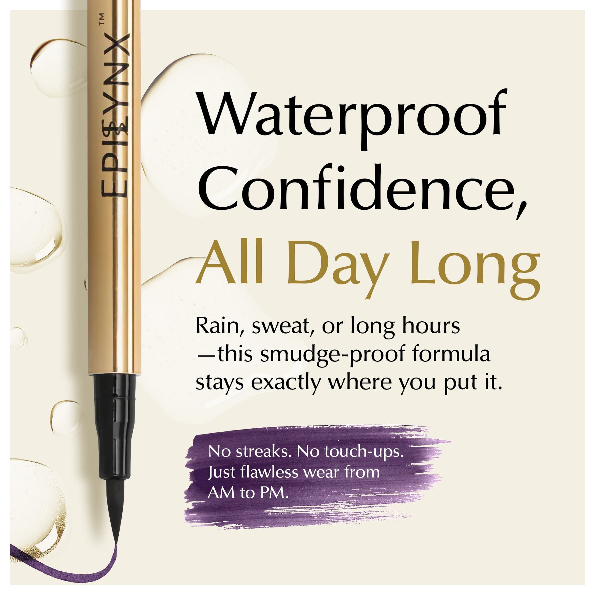 Gold liquid eyeliner pen with purple smudge-proof swatch and waterproof all-day text