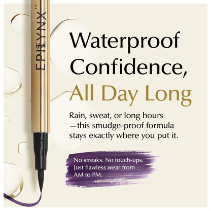 Gold liquid eyeliner pen with purple smudge-proof swatch and waterproof all-day text