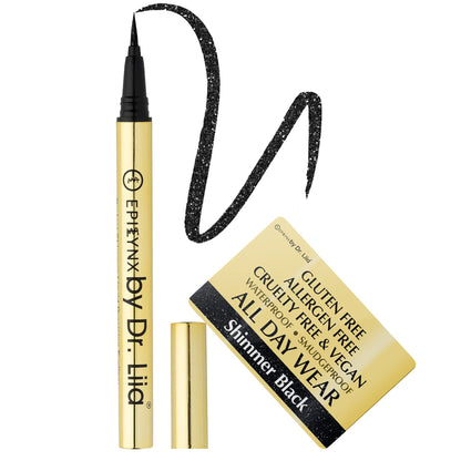 Liquid eyeliner pen with black glitter swatch and black tip