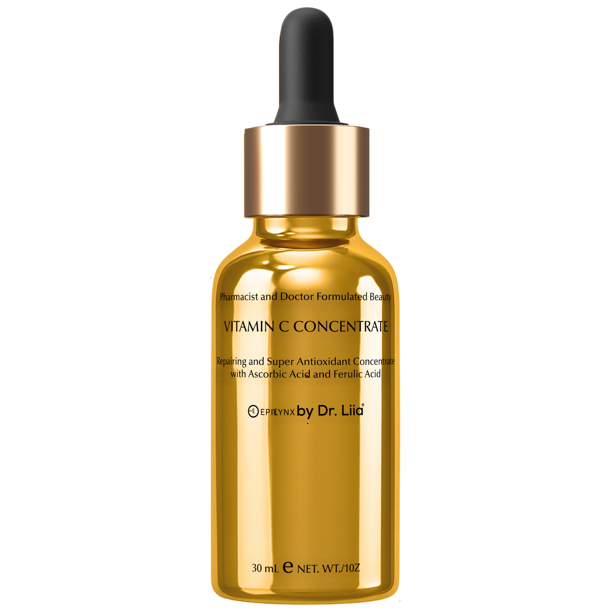 Vitamin C glow serum bottle with black dropper cap, amber glass and gold collar