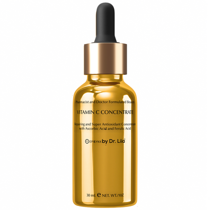 Vitamin C glow serum bottle with black dropper cap, amber glass and gold collar