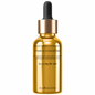 Vitamin C glow serum bottle with black dropper cap, amber glass and gold collar