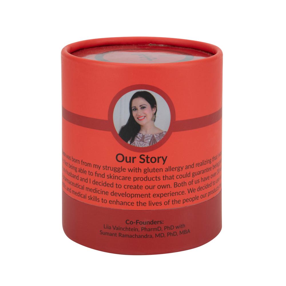 Red face cream jar back label with photo and story text