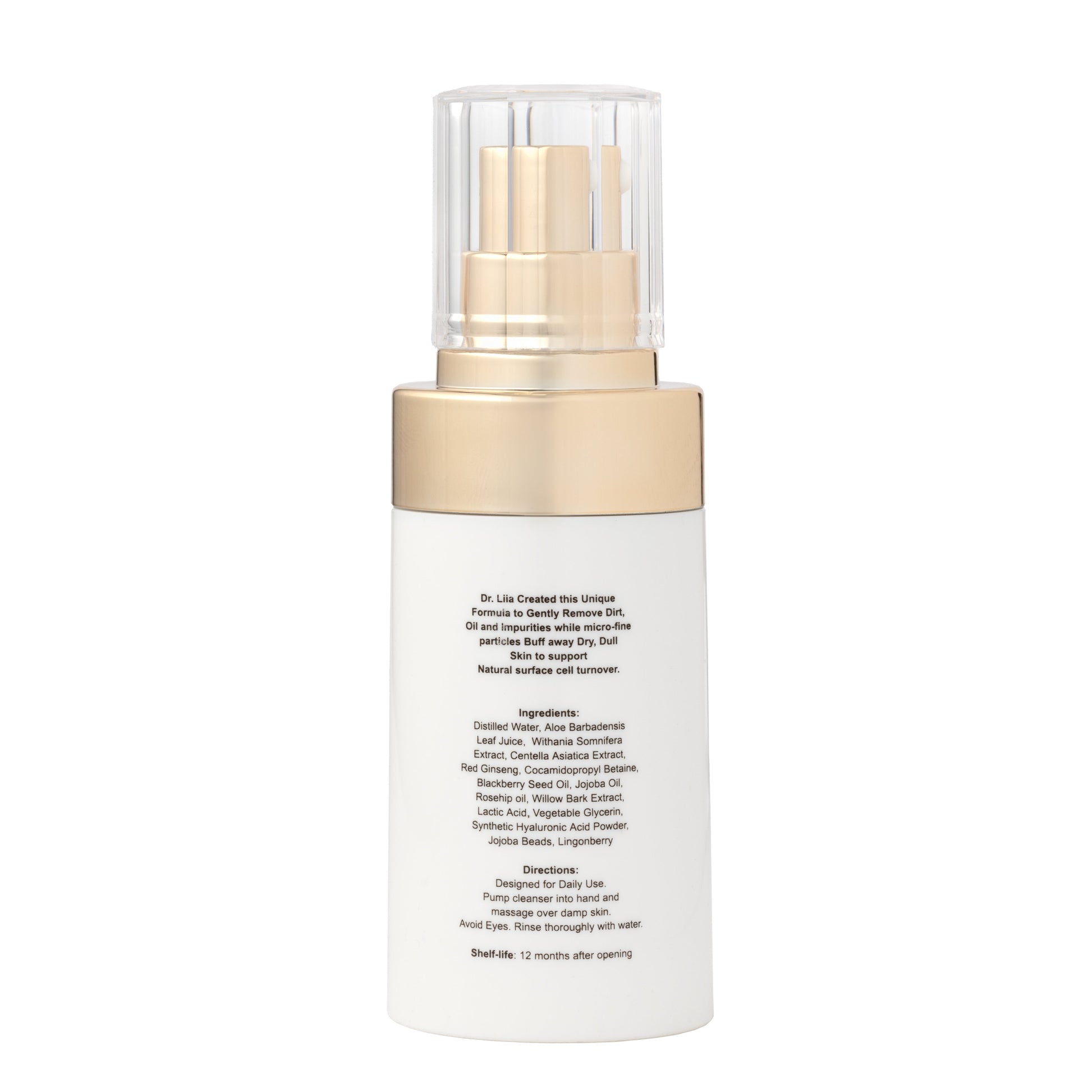 Skincare face scrub cleanser bottle with clear pump top and gold band
