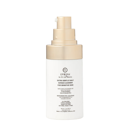 Skincare face scrub cleanser bottle with stacked beige pump components