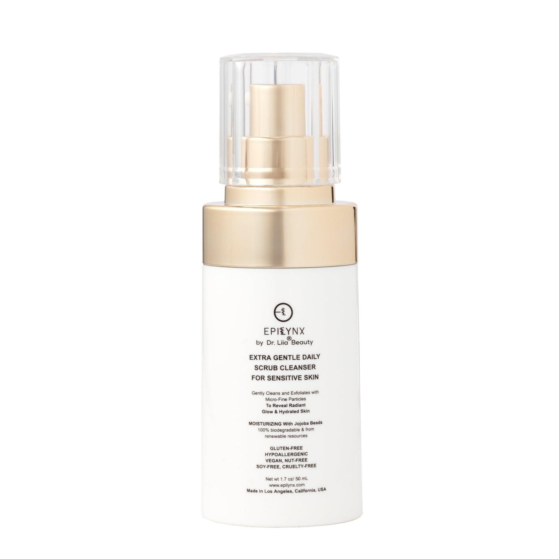Skincare face scrub cleanser bottle with clear pump top and gold collar