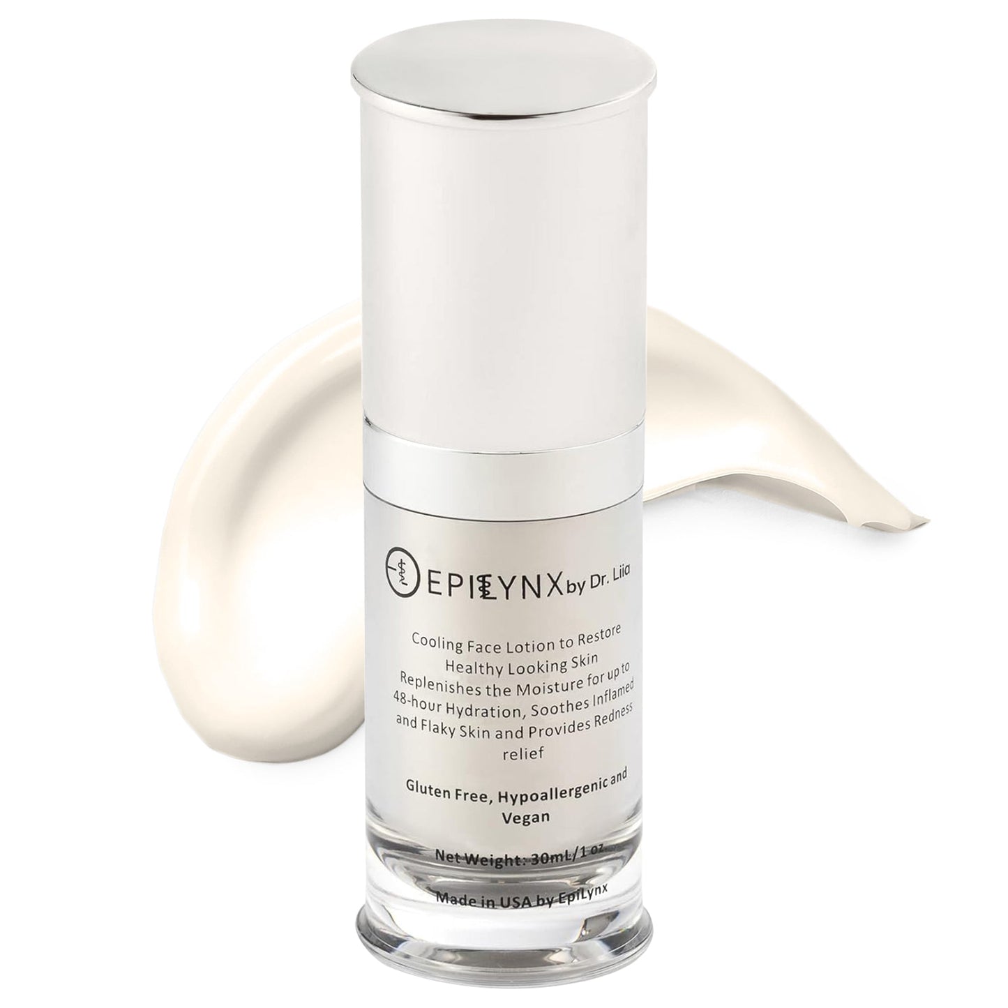 White cylindrical moisturizer bottle with silver base and dollop of white cream