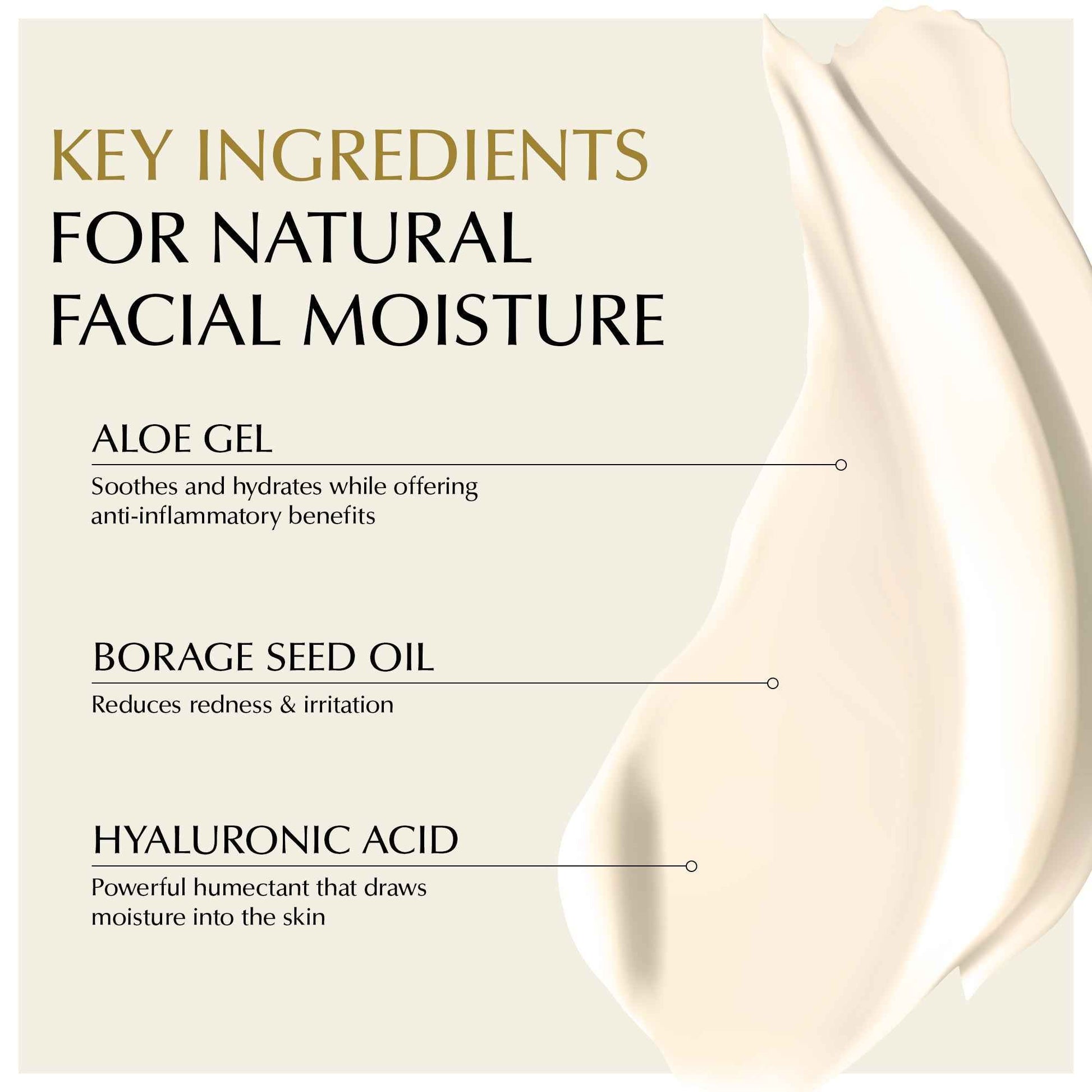 Face moisturizer ingredient panel with aloe gel, borage seed oil, and hyaluronic acid