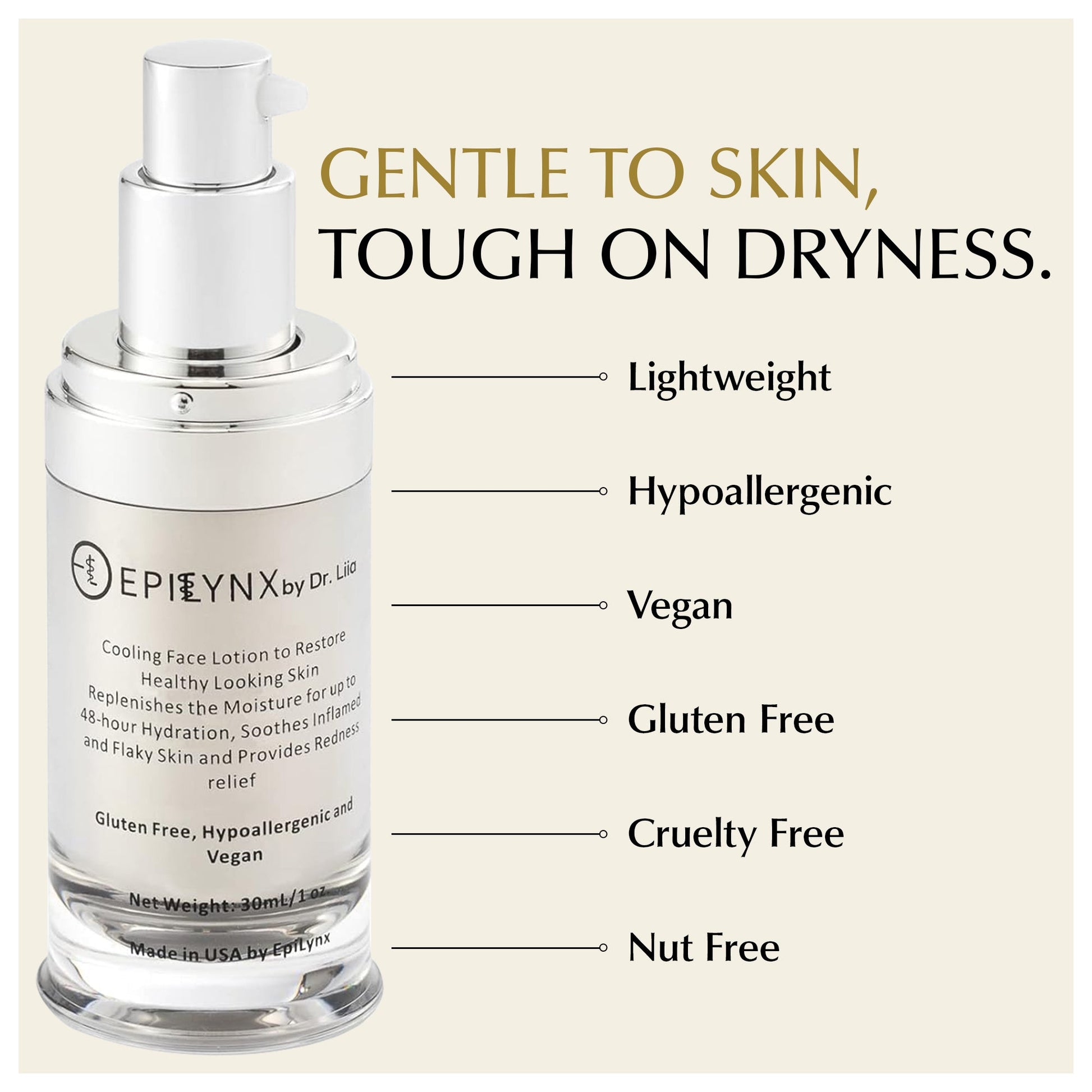 Face moisturizer bottle with pump and callouts for lightweight, hypoallergenic, vegan