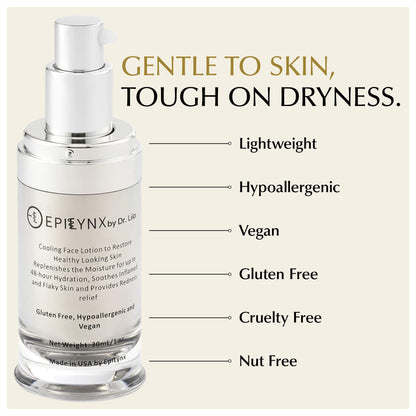 Face moisturizer bottle with pump and callouts for lightweight, hypoallergenic, vegan
