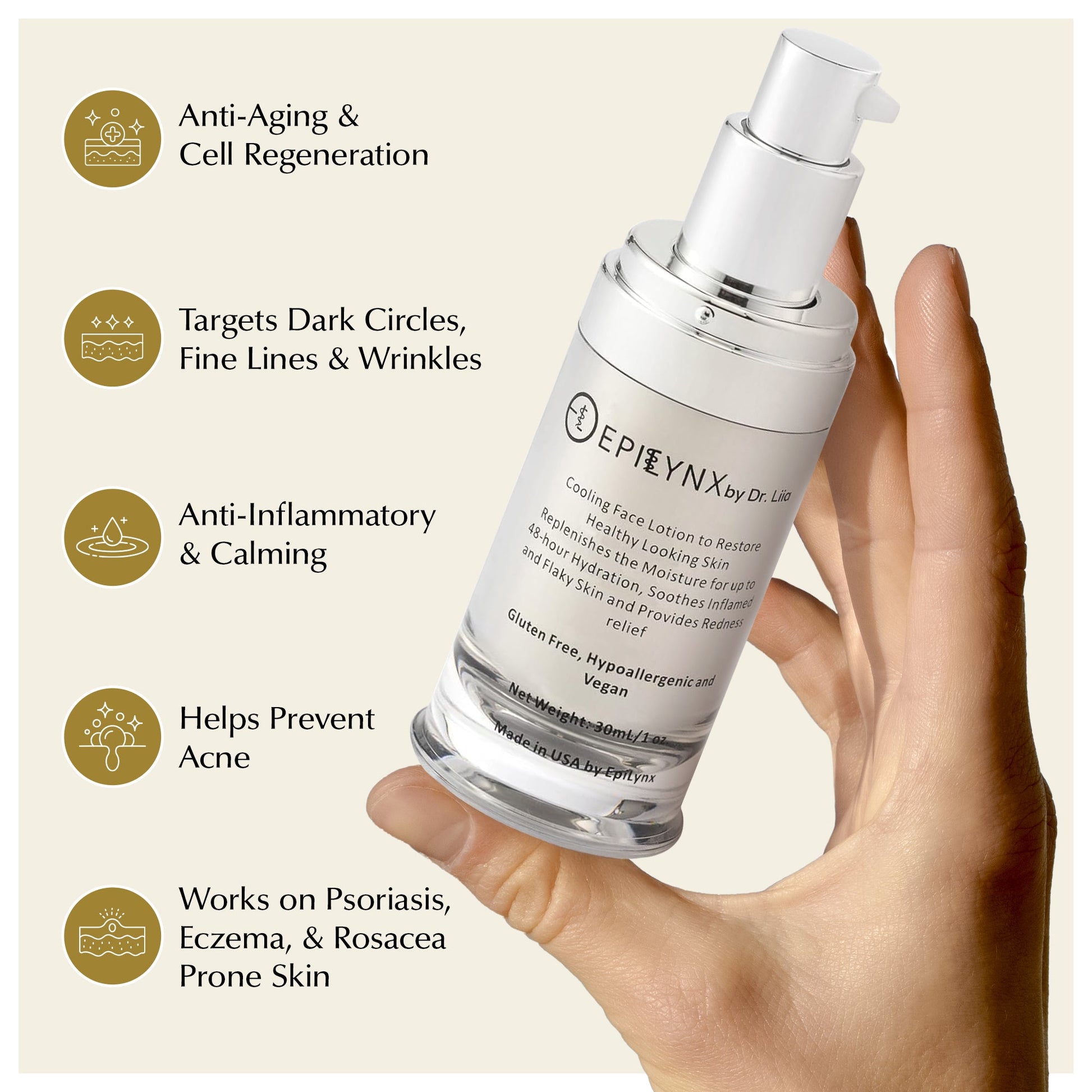 Face moisturizer bottle in hand with anti-aging, calming, and acne-related icons