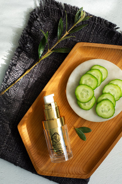 Serum bottle with gold pump on a wooden tray beside cucumber slices.