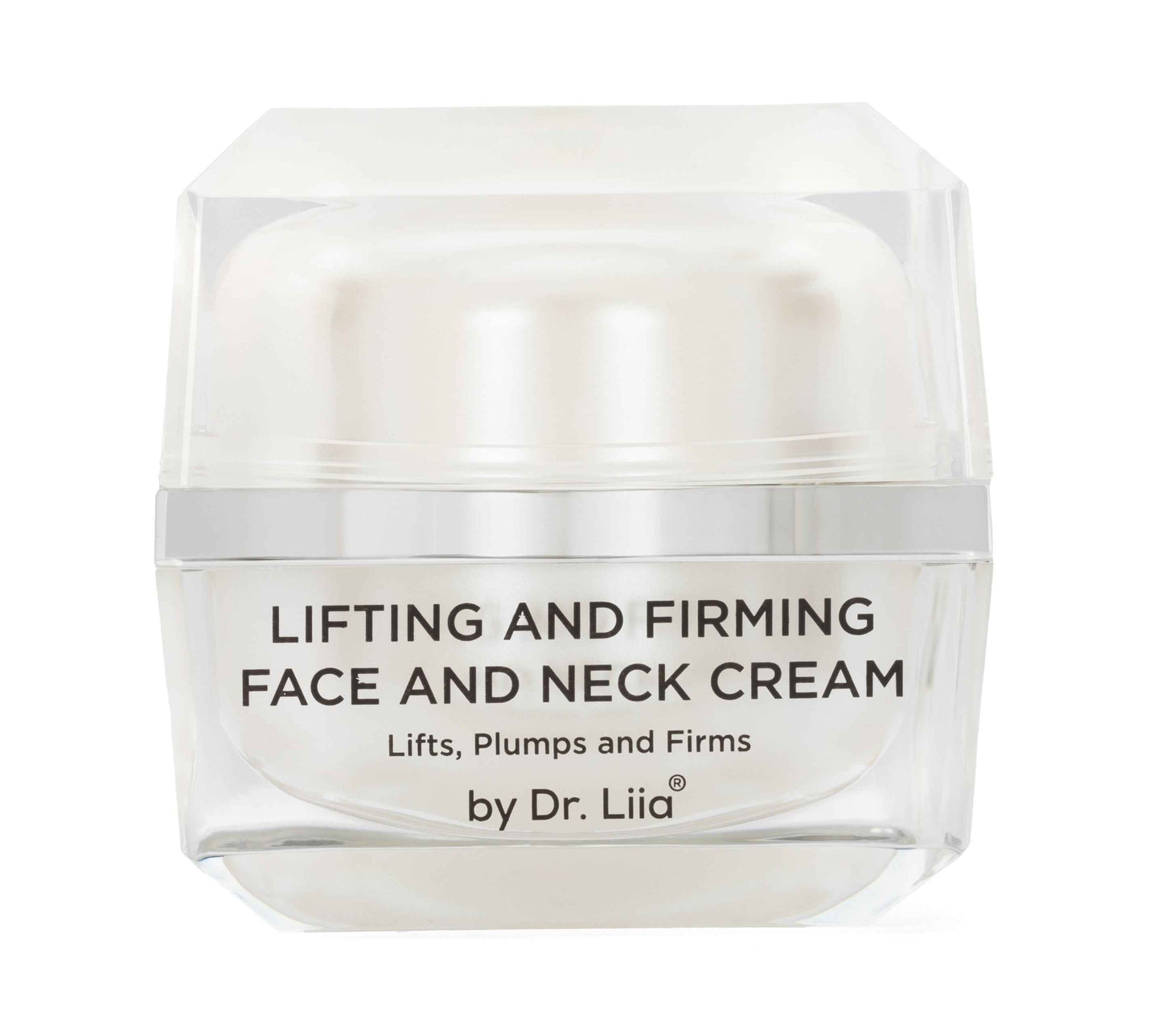 Face and neck firming cream in clear jar with smooth lid