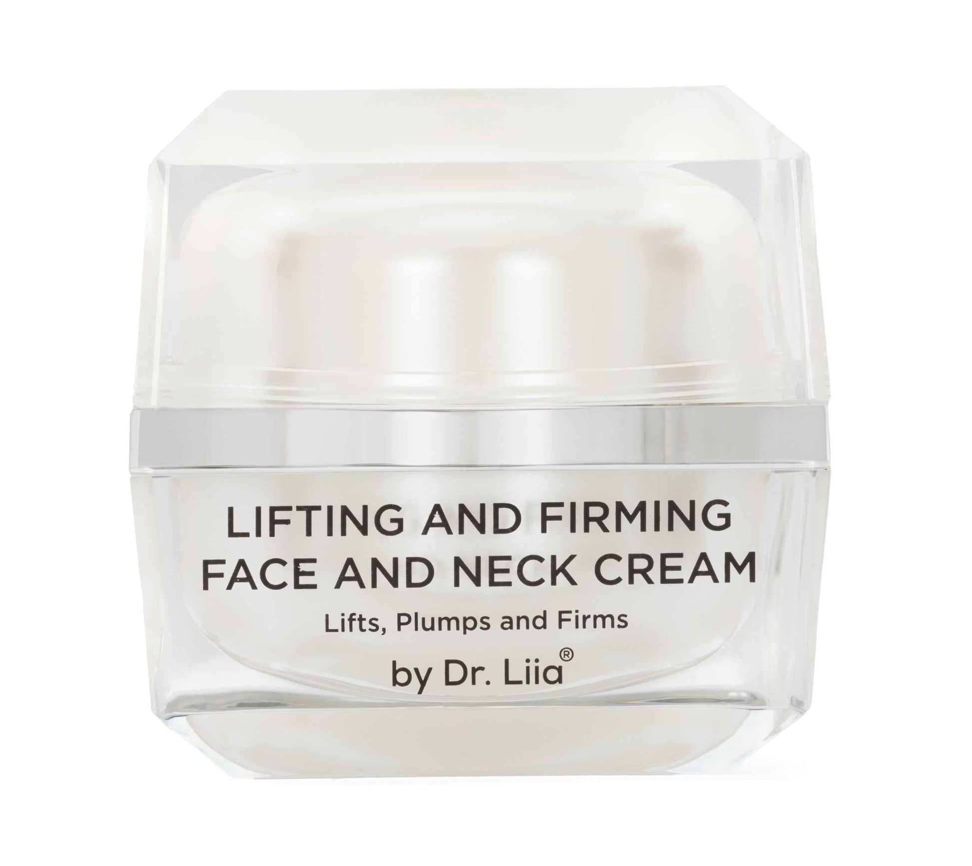 Face and neck firming cream in clear jar with smooth lid