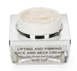 Face and neck firming cream jar with white cream inside clear container