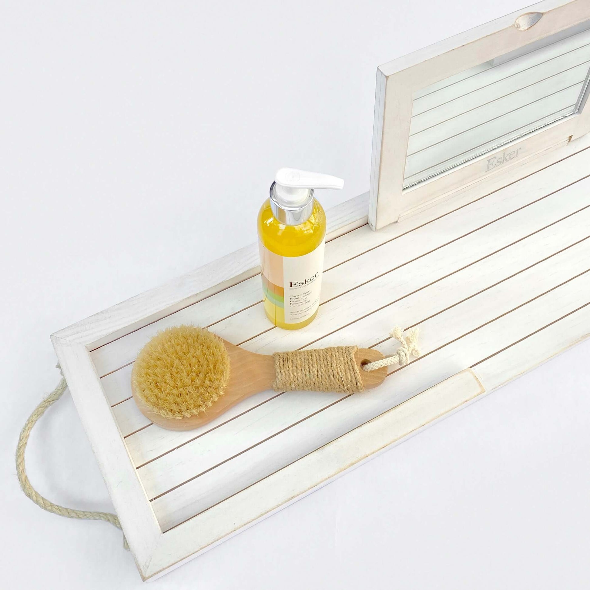White wooden bath board with slatted tray and raised rim
