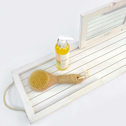 White wooden bath board with slatted tray and raised rim