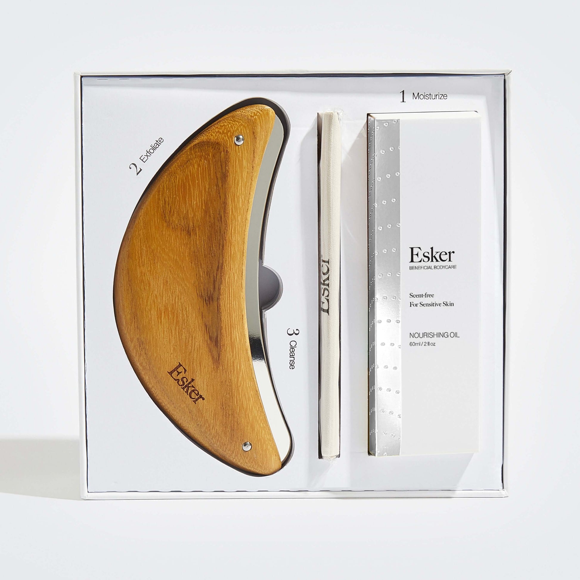 Wooden body exfoliation tool set with curved scraper and two exfoliating strips