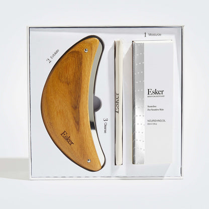 Wooden body exfoliation tool set with curved scraper and two exfoliating strips
