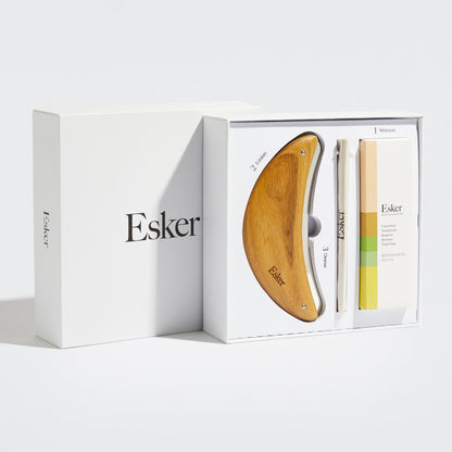 Body plane tool set in box with wooden blade and body oil bottles