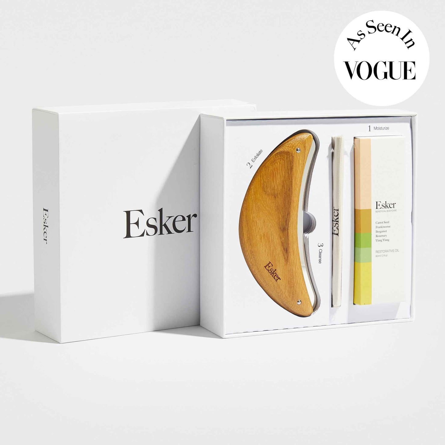 Exfoliation tool set with wooden blade and oil bottles in display box