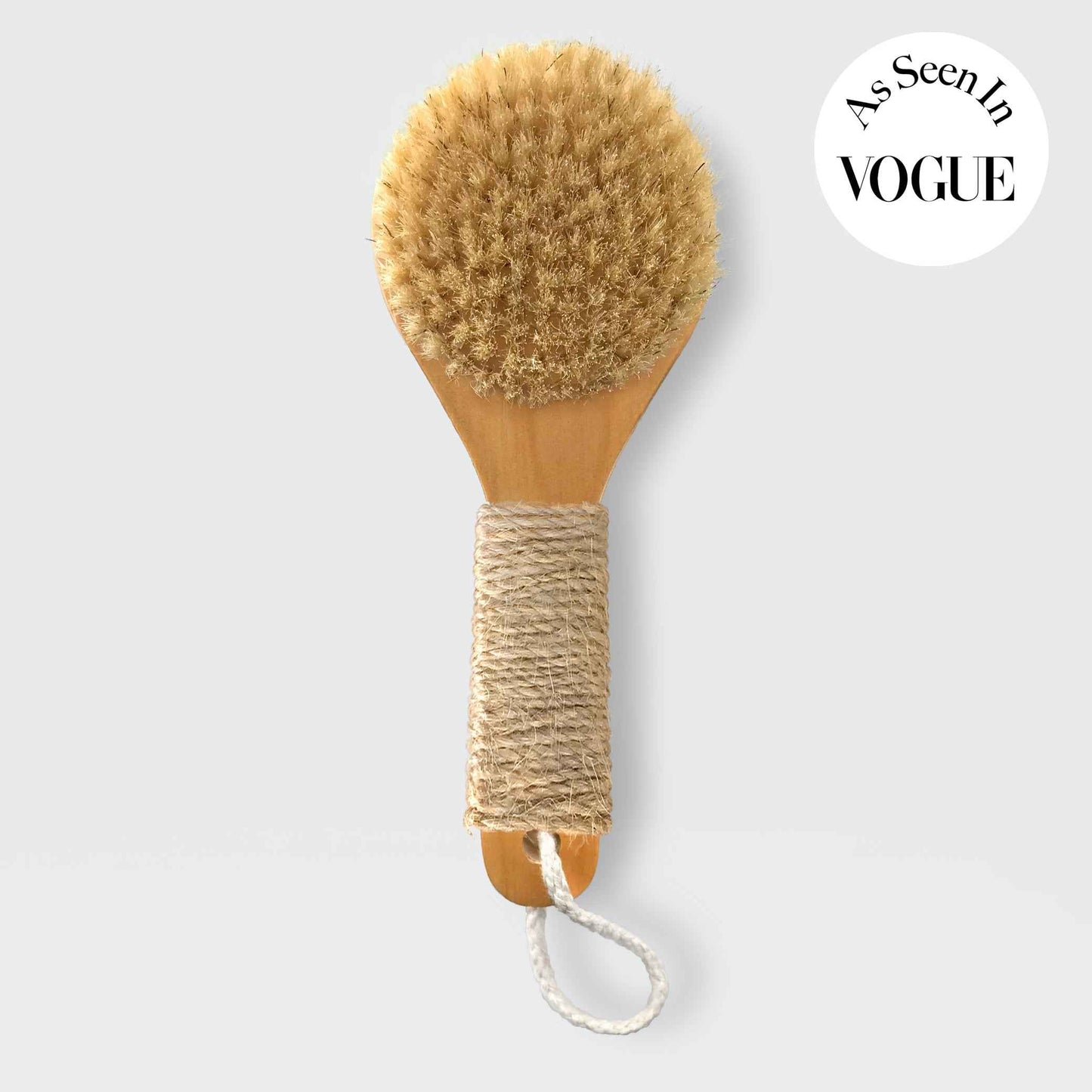 Natural bristle dry brush with round brush head and hemp-twined wooden handle loop