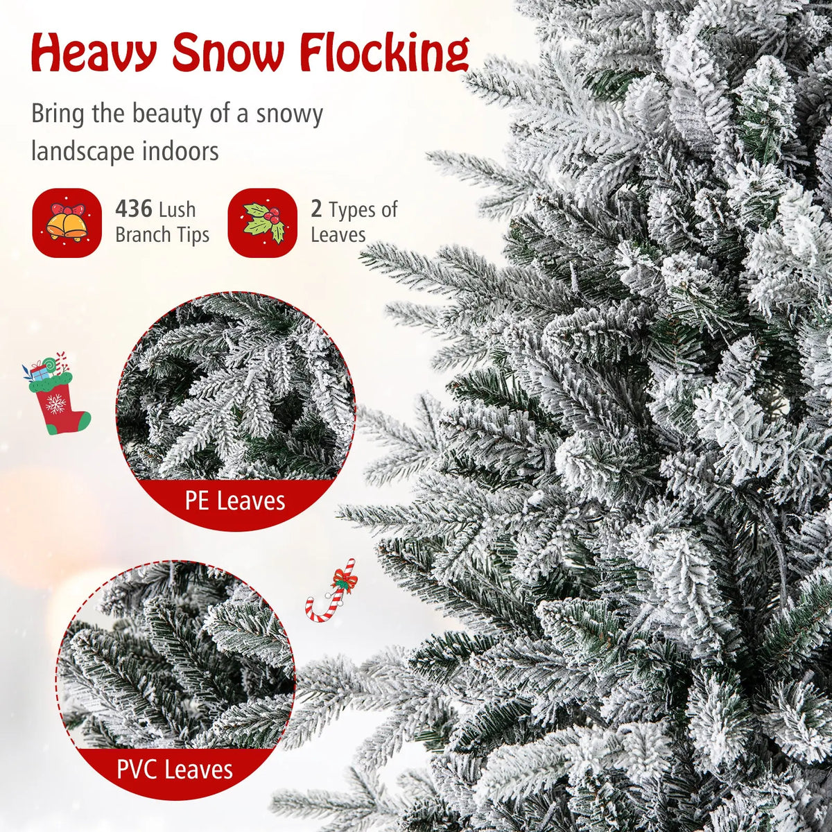 7 Feet Flocked Christmas Tree with 8 Lighting Modes and Multi-Color LED Lights