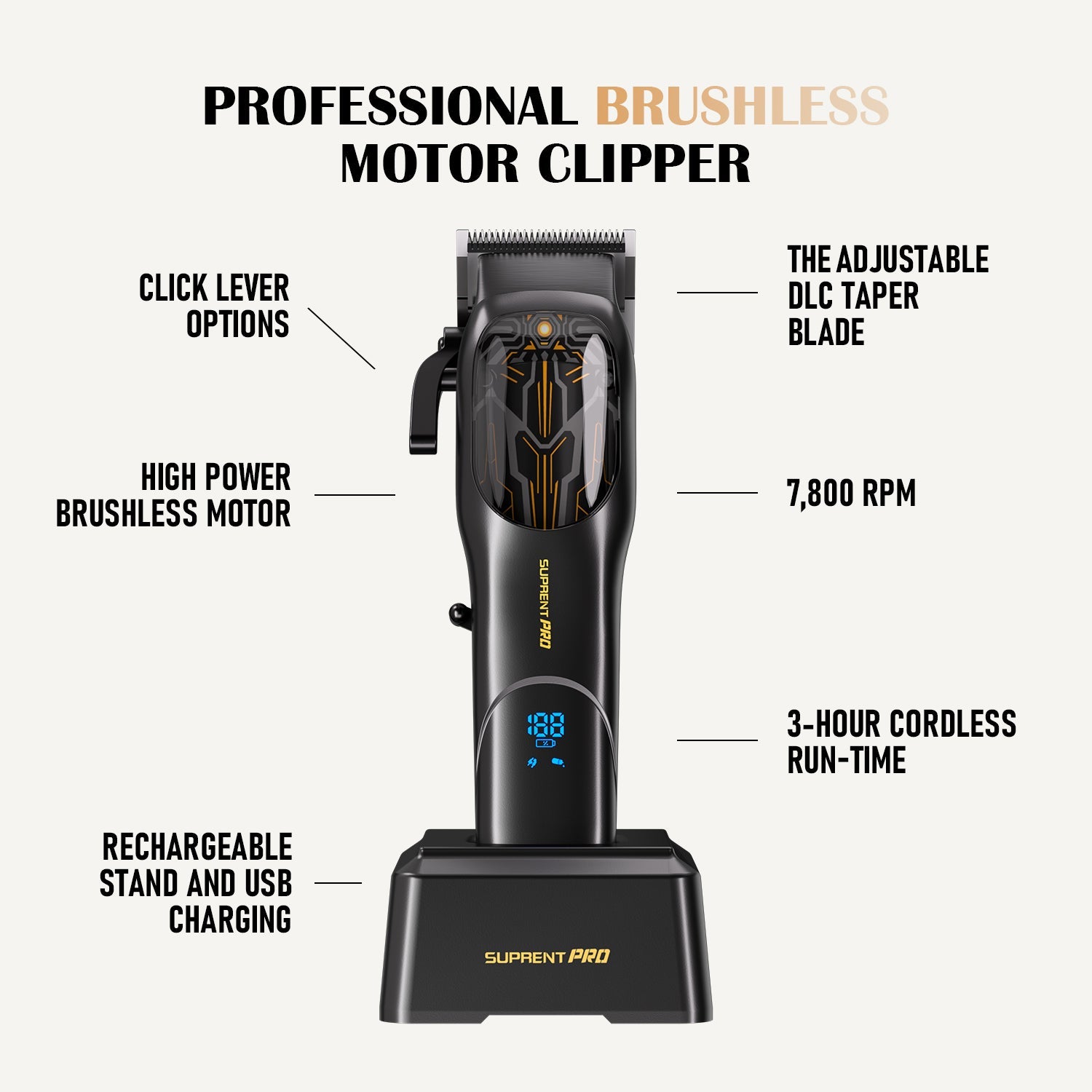 Professional brushless hair clipper with stand and digital display, black body