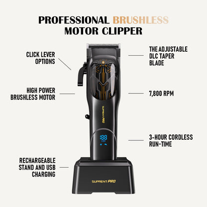 Professional brushless hair clipper with stand and digital display, black body