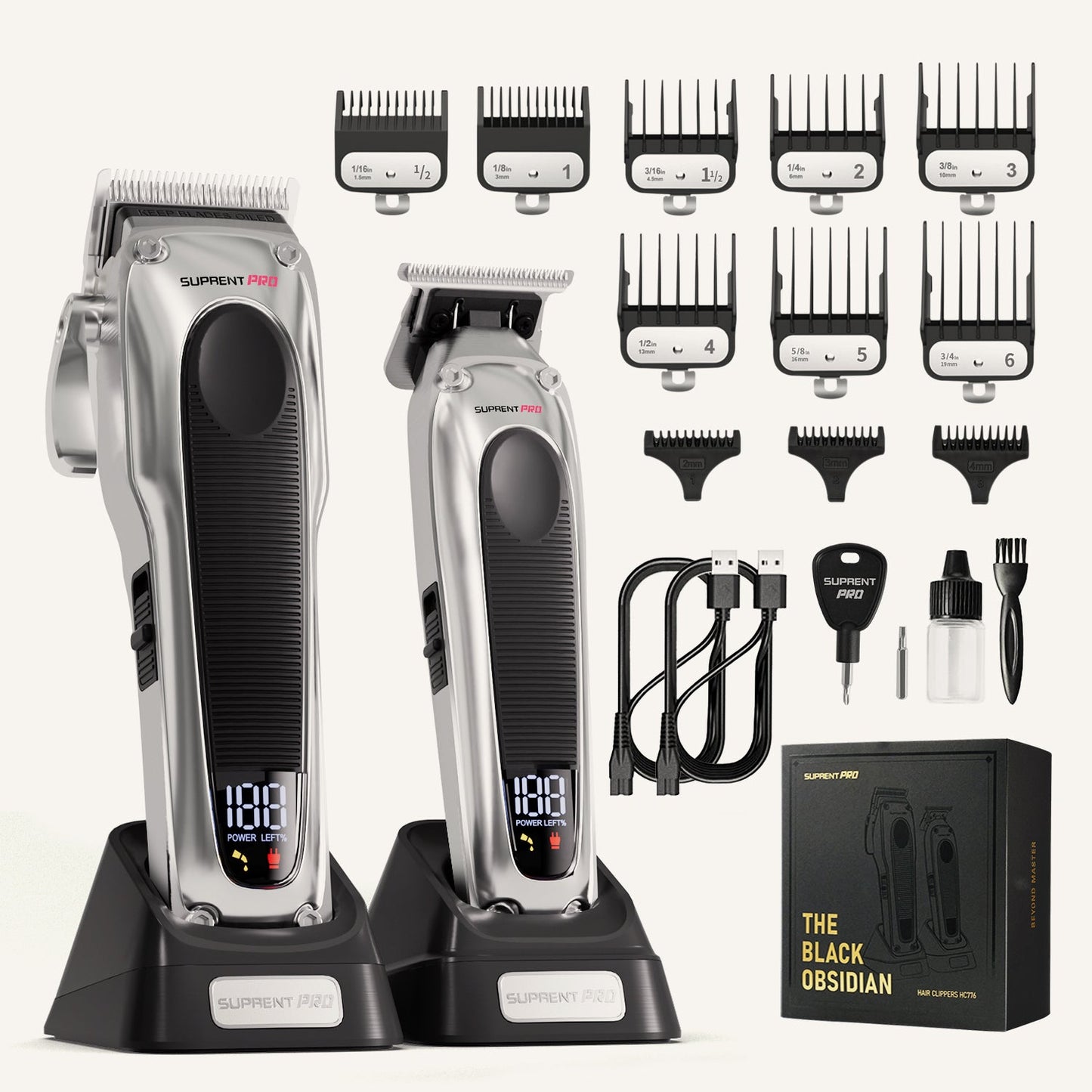 Hair clipper set with silver clippers, guide comb guards, cord, and accessory attachments