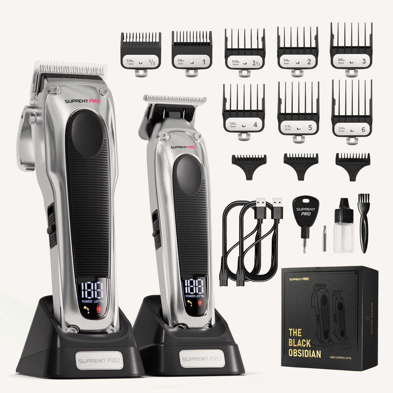 Hair clipper set with silver clippers, guide comb guards, cord, and accessory attachments
