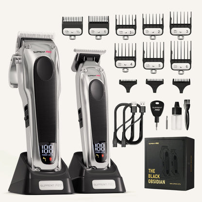 Hair clipper set with silver clippers, guide comb guards, cord, and accessory attachments