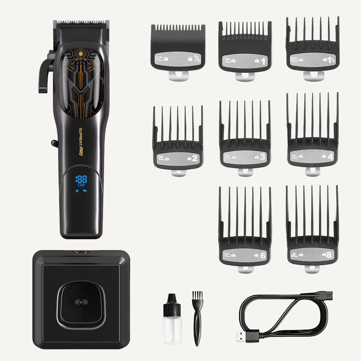 Hair clipper kit with multiple guide comb attachments, charger stand, and cable