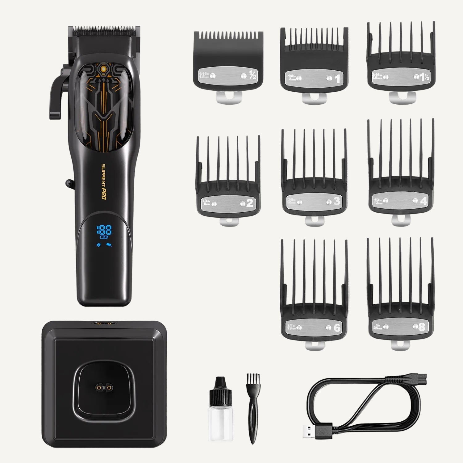 Hair clipper kit with multiple guide comb attachments, charger stand, and cable
