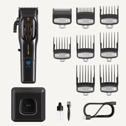 Hair clipper kit with multiple guide comb attachments, charger stand, and cable