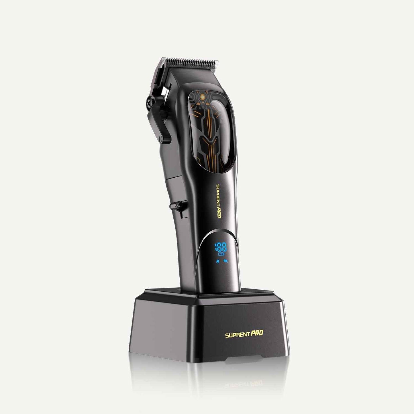 Hair clipper on charging dock with adjustable cutting head and digital display, black