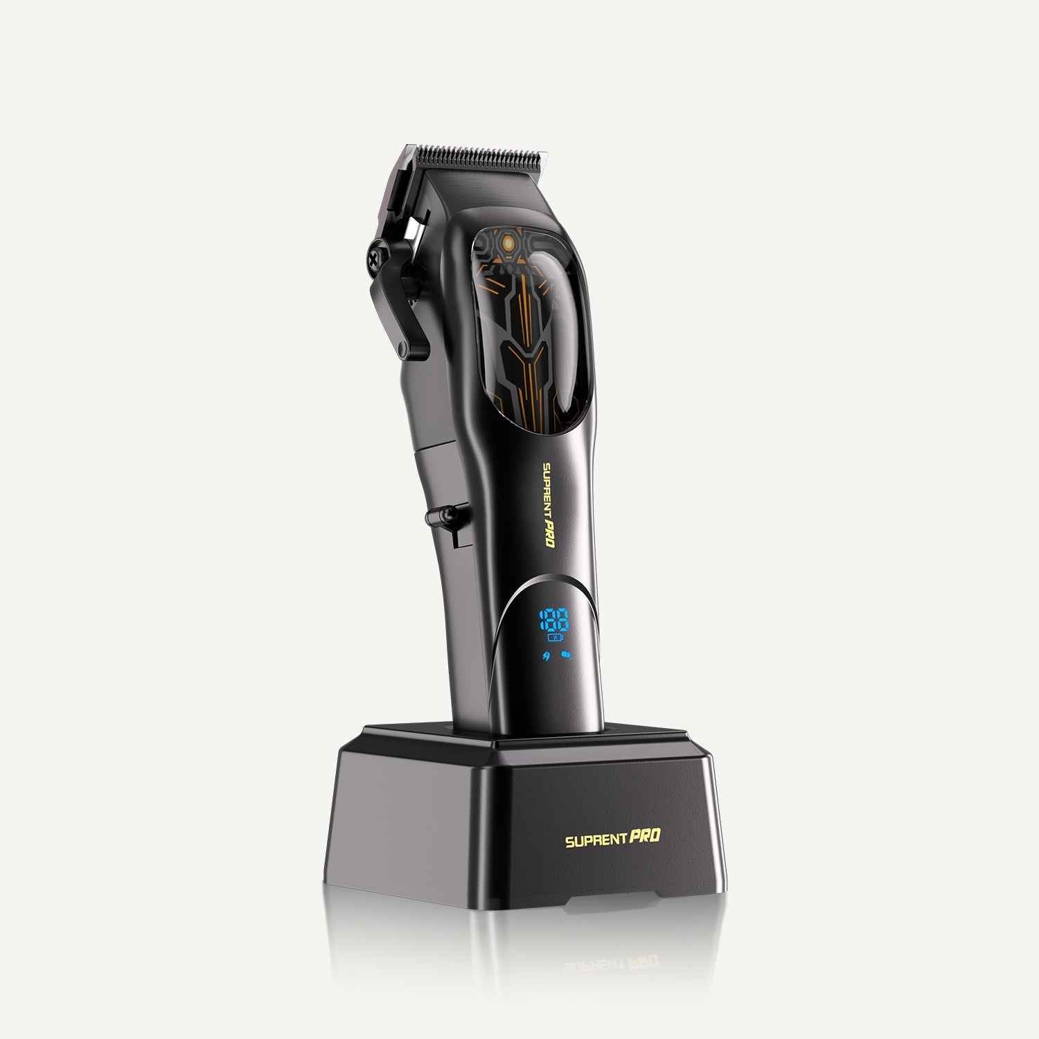 Hair clipper on charging dock with adjustable cutting head and digital display, black