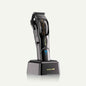 Hair clipper on charging dock with adjustable cutting head and digital display, black