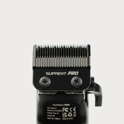 Clipper blade assembly with toothed steel cutting head on black housing