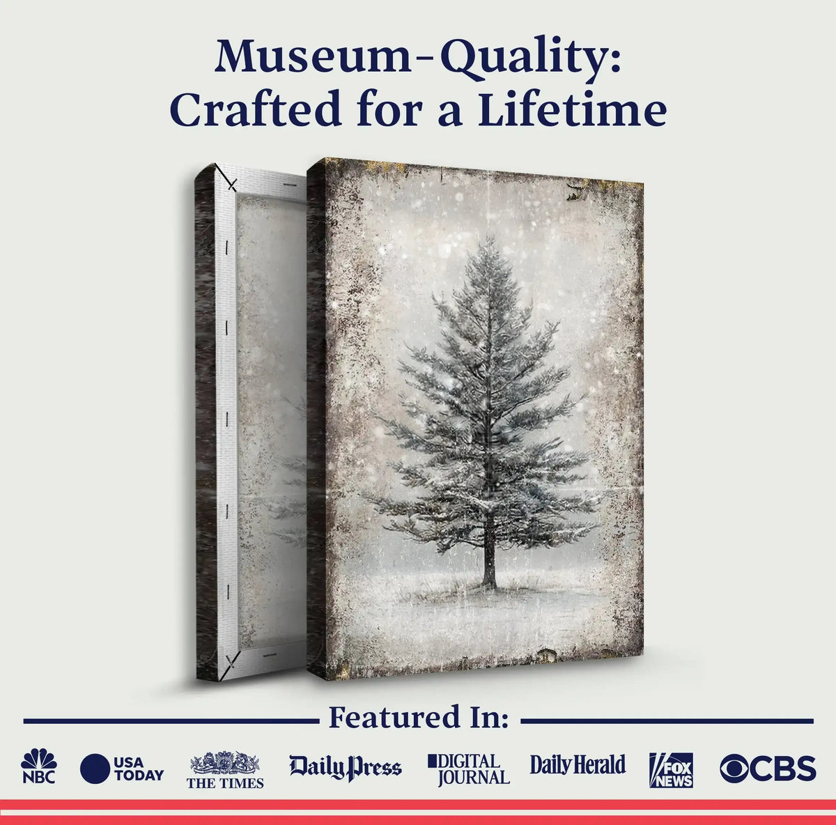 Snowy tree wall art canvas shown with an angled packaging box insert