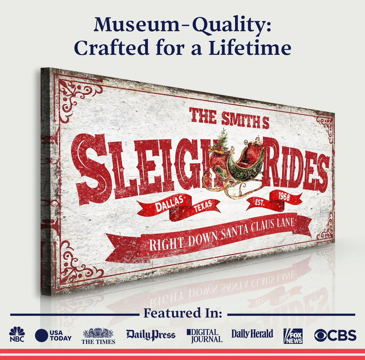 Framed Sleigh Rides Christmas sign with red headline text on cream distressed canvas