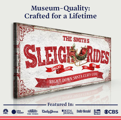Framed Sleigh Rides Christmas sign with red headline text on cream distressed canvas