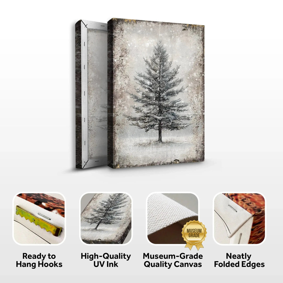 Snowy tree canvas wall art shown with folded edges and quality feature icons