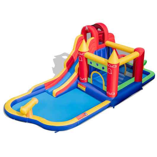 Inflatable bounce castle with water slide and splash pool, blue red yellow play area