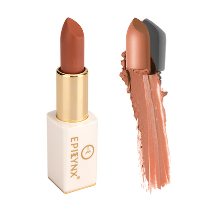 Matte lipstick in terracotta brown, gold tube and magnetic case with swatch.
