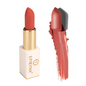Matte lipstick in peachy red-orange, gold tube and magnetic case with swatch.
