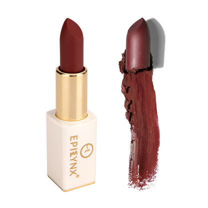 Matte lipstick in dark maroon, gold tube and magnetic case with swatch.