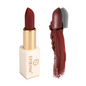Matte lipstick in dark maroon, gold tube and magnetic case with swatch.